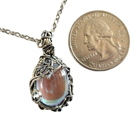 Antiqued Silver Tone Free Form Oval Cabochon Iridescent Crystal Pendant 18" - Picture 2 of 4